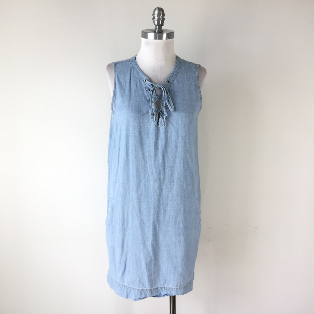 Madewell Chambray Lace-up Shift Dress S Sleeveless - Picture 3 of 7